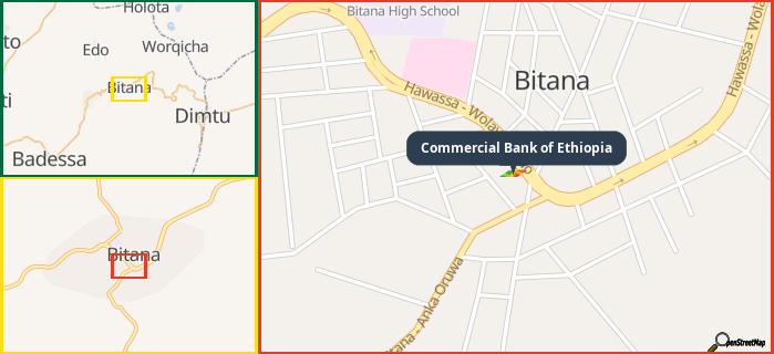Map showing the address of Commercial Bank of Ethiopia in three different zoom levels.