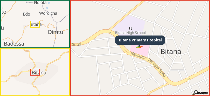 Map showing the address of Bitana Primary Hospital in three different zoom levels.