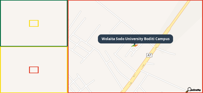 Map showing the address of Wolaita Sodo University Boditi Campus in three different zoom levels.