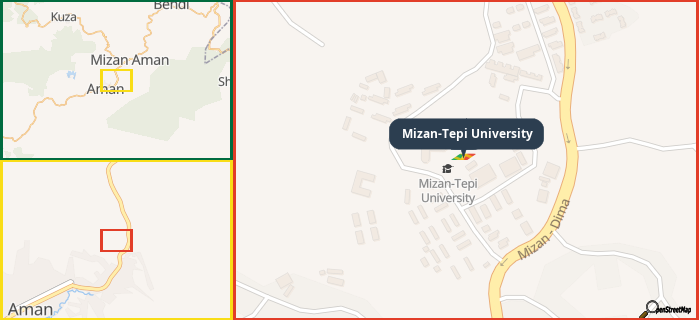 Map showing the address of Mizan-Tepi University in three different zoom levels.