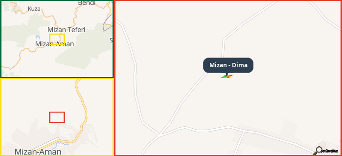 Map showing the address of Mizan - Dima in three different zoom levels.