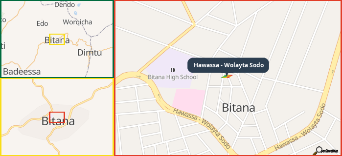 Map showing the address of Hawassa - Wolayta Sodo in three different zoom levels.