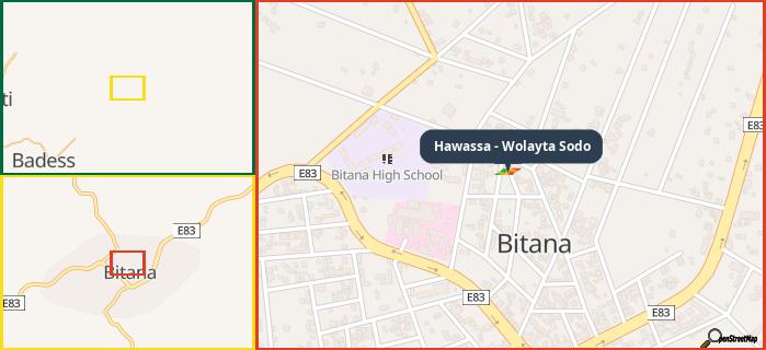 Map showing the address of Hawassa - Wolayta Sodo in three different zoom levels.