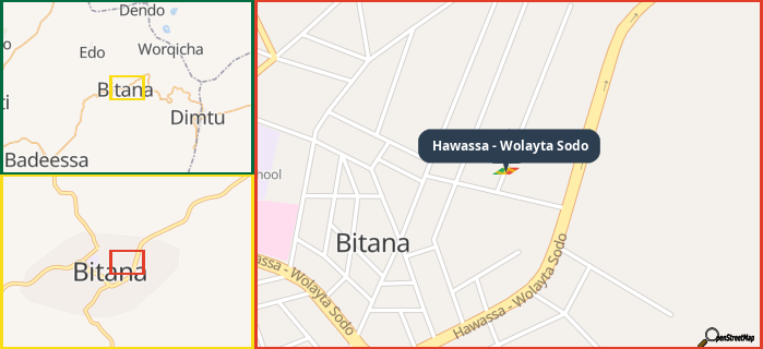 Map showing the address of Hawassa - Wolayta Sodo in three different zoom levels.