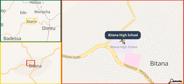 Map showing the address of Bitana High School in three different zoom levels.