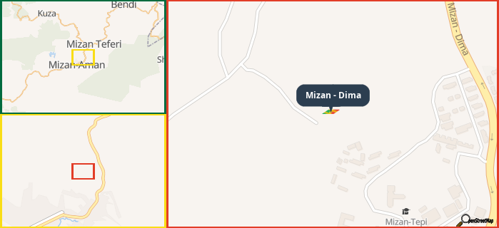 Map showing the address of Mizan - Dima in three different zoom levels.