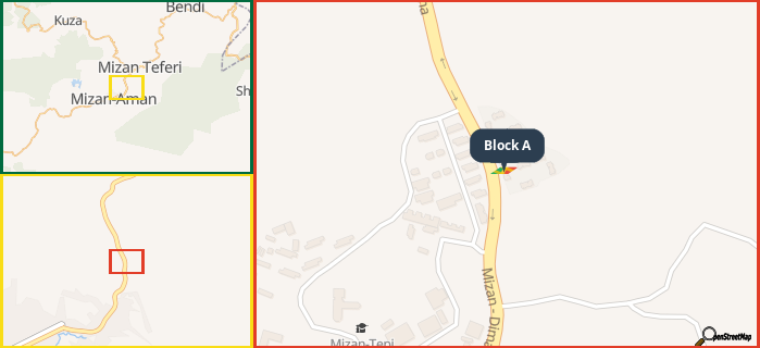 Map showing the address of Block A in three different zoom levels.