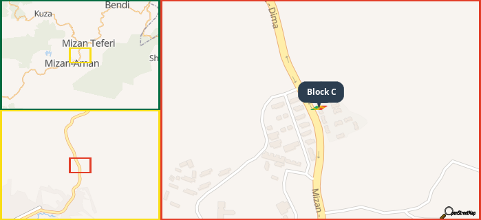 Map showing the address of Block C in three different zoom levels.