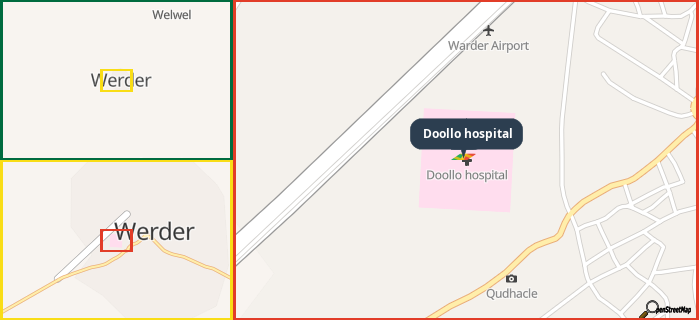 Map showing the address of Doollo hospital in three different zoom levels.