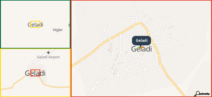 Map showing the address of Geladi in three different zoom levels.