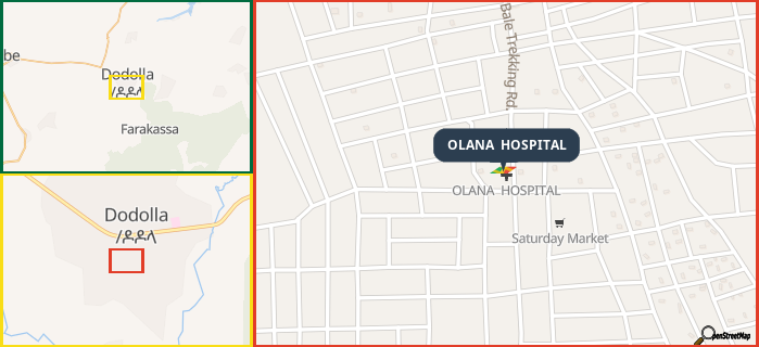 Map showing the address of OLANA  HOSPITAL in three different zoom levels.