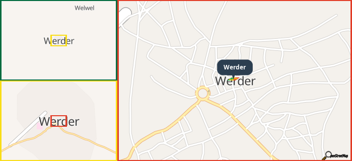 Map showing the address of Werder in three different zoom levels.