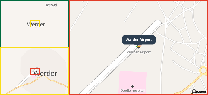 Map showing the address of Warder Airport in three different zoom levels.