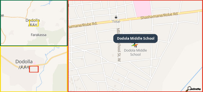 Map showing the address of Dodola Middle School in three different zoom levels.