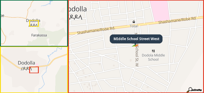 Map showing the address of MIddle School Street West in three different zoom levels.