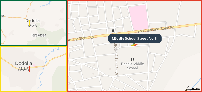 Map showing the address of MIddle School Street North in three different zoom levels.