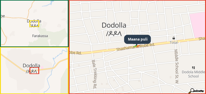 Map showing the address of Maana puli in three different zoom levels.