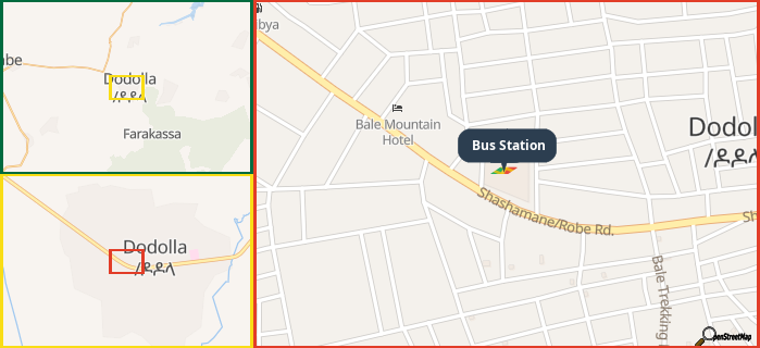 Map showing the address of Bus Station in three different zoom levels.