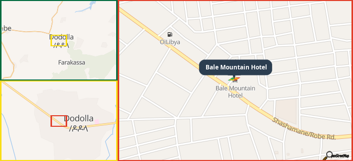 Map showing the address of Bale Mountain Hotel in three different zoom levels.