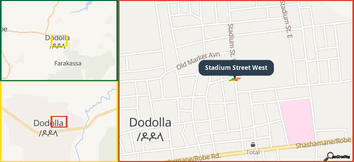 Map showing the address of Stadium Street West in three different zoom levels.