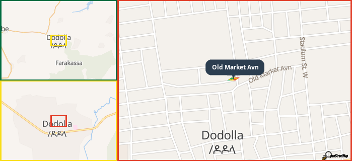 Map showing the address of Old Market Avn in three different zoom levels.