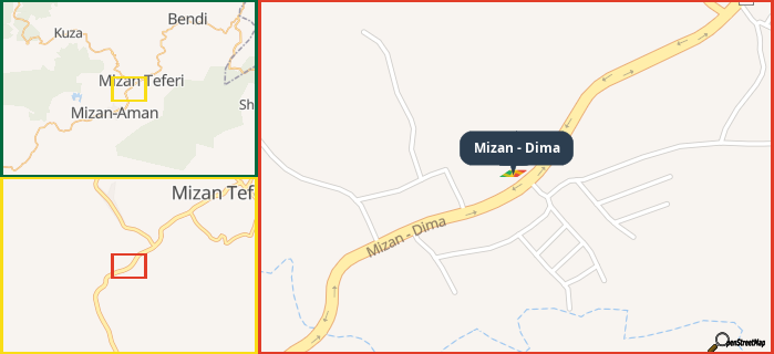 Map showing the address of Mizan - Dima in three different zoom levels.