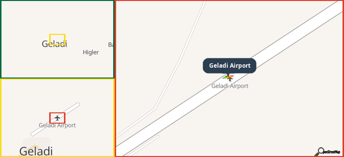 Map showing the address of Geladi Airport in three different zoom levels.