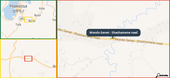 Map showing the address of Wondo Genet - Shashamene road in three different zoom levels.