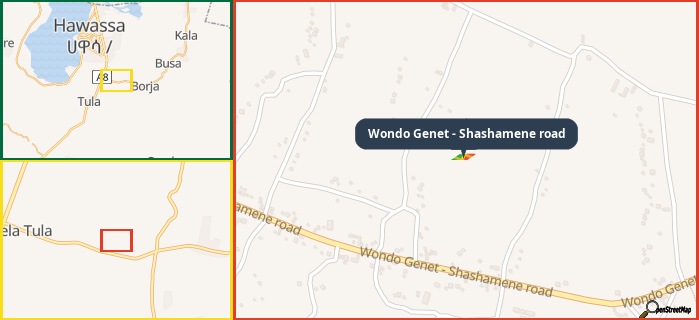 Map showing the address of Wondo Genet - Shashamene road in three different zoom levels.