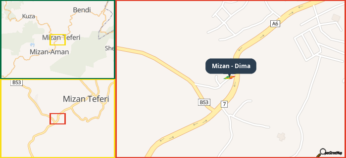 Map showing the address of Mizan - Dima in three different zoom levels.