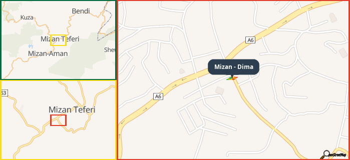 Map showing the address of Mizan - Dima in three different zoom levels.