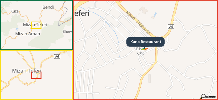 Map showing the address of Kana Restaurant in three different zoom levels.