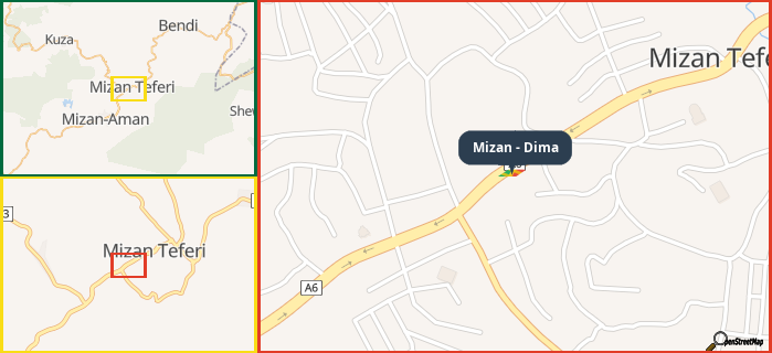 Map showing the address of Mizan - Dima in three different zoom levels.