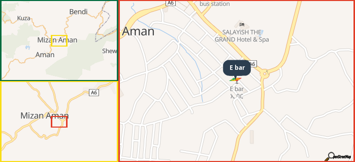 Map showing the address of E bar in three different zoom levels.