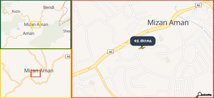 Map showing the address of ቀይ መስቀል in three different zoom levels.