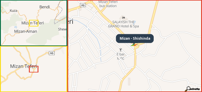 Map showing the address of Mizan - Shishinda in three different zoom levels.