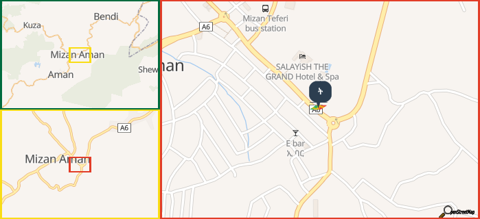 Map showing the address of ት in three different zoom levels.