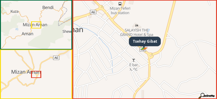 Map showing the address of Tsehay Gibat in three different zoom levels.
