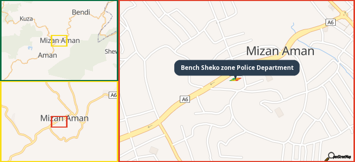 Map showing the address of Bench Sheko zone Police Department in three different zoom levels.