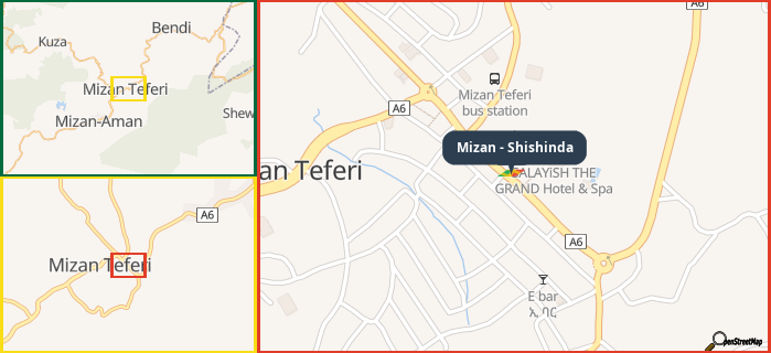 Map showing the address of Mizan - Shishinda in three different zoom levels.