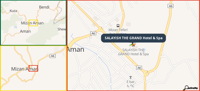 Map showing the address of SALAYiSH THE GRAND Hotel & Spa in three different zoom levels.