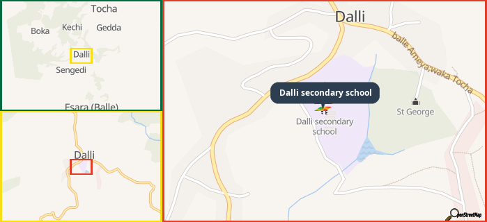Map showing the address of Dalli secondary school in three different zoom levels.