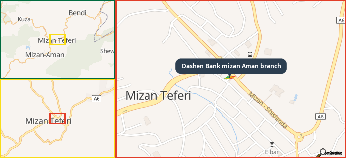 Map showing the address of Dashen Bank mizan Aman branch in three different zoom levels.