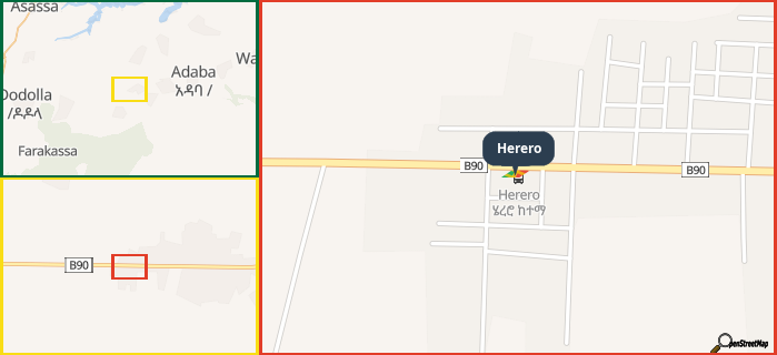 Map showing the address of Herero in three different zoom levels.