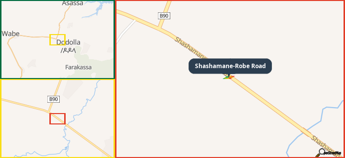 Map showing the address of Shashamane-Robe Road in three different zoom levels.