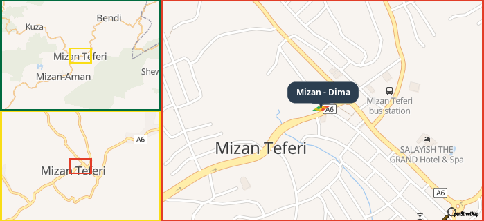 Map showing the address of Mizan - Dima in three different zoom levels.