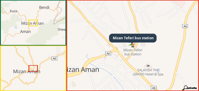 Map showing the address of Mizan Teferi bus station in three different zoom levels.