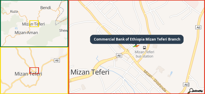 Map showing the address of Commercial Bank of Ethiopia Mizan Teferi Branch in three different zoom levels.