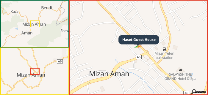 Map showing the address of Haset Guest House in three different zoom levels.