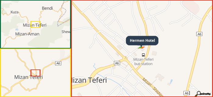 Map showing the address of Hermen Hotel in three different zoom levels.